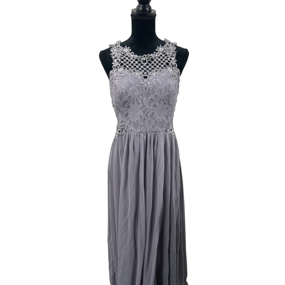 City Triangles Lace Chiffon Gown 11 Gray Rhinestone‎ Slit Prom Formal Fairycore